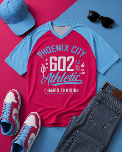 Red and blue t-shirt with 'Phoenix City 602 AZ Athletic Champs Division' text, surrounded by blue cap, sunglasses, jeans, and sneakers on a pink and blue background.