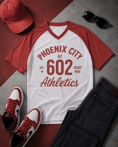 White t-shirt with red text 'Phoenix City AZ 602 Athletics' on a gray and red surface with a cap, sneakers, and sunglasses.