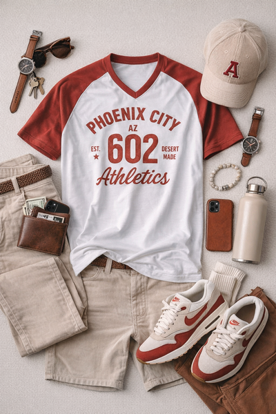 Phoenix City AZ 602 Athletics T-Shirt – White Rust Red Varsity Streetwear Style