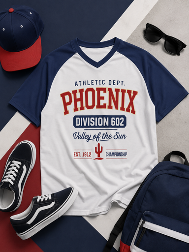 White and navy t-shirt with 'Phoenix' text, black sneakers, red and blue cap, sunglasses, and backpack on a patterned surface.