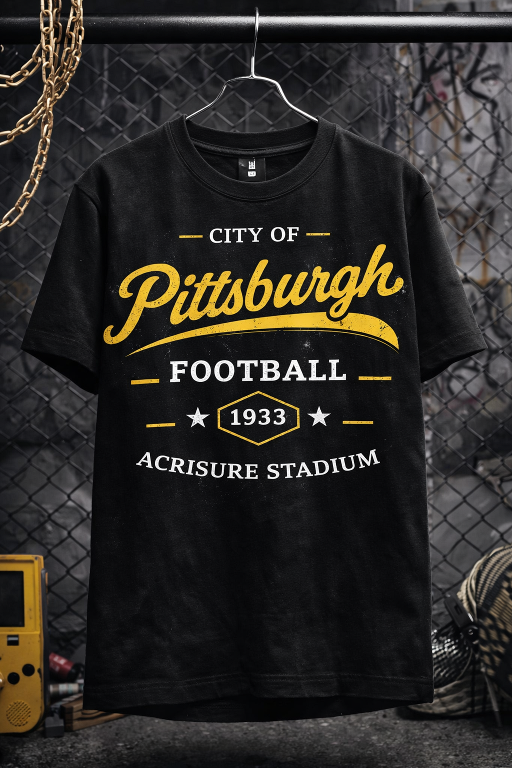 Black Pittsburgh Football Tee - City of Pittsburgh 1933 Acrisure Stadium T‑Shirt
