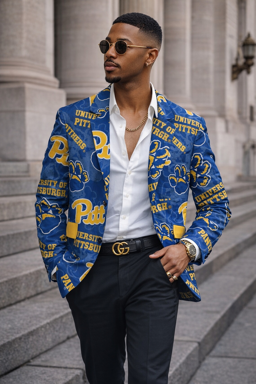 Man wearing a blue blazer with yellow text, white shirt, and black pants on steps.