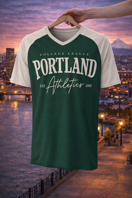 Green and white t-shirt with 'Portland Athletics' text on a hanger against a cityscape background