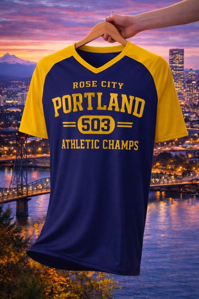 Midnight Blue Portland Rose City 503 Graphic T-Shirt in Blue and Yellow – Varsity Streetwear Tee