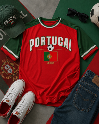 Portugal Soccer Shirt Retro Fan Tee – Red Green Football T-Shirt – Portugal Supporter Graphic Shirt – Lusos National