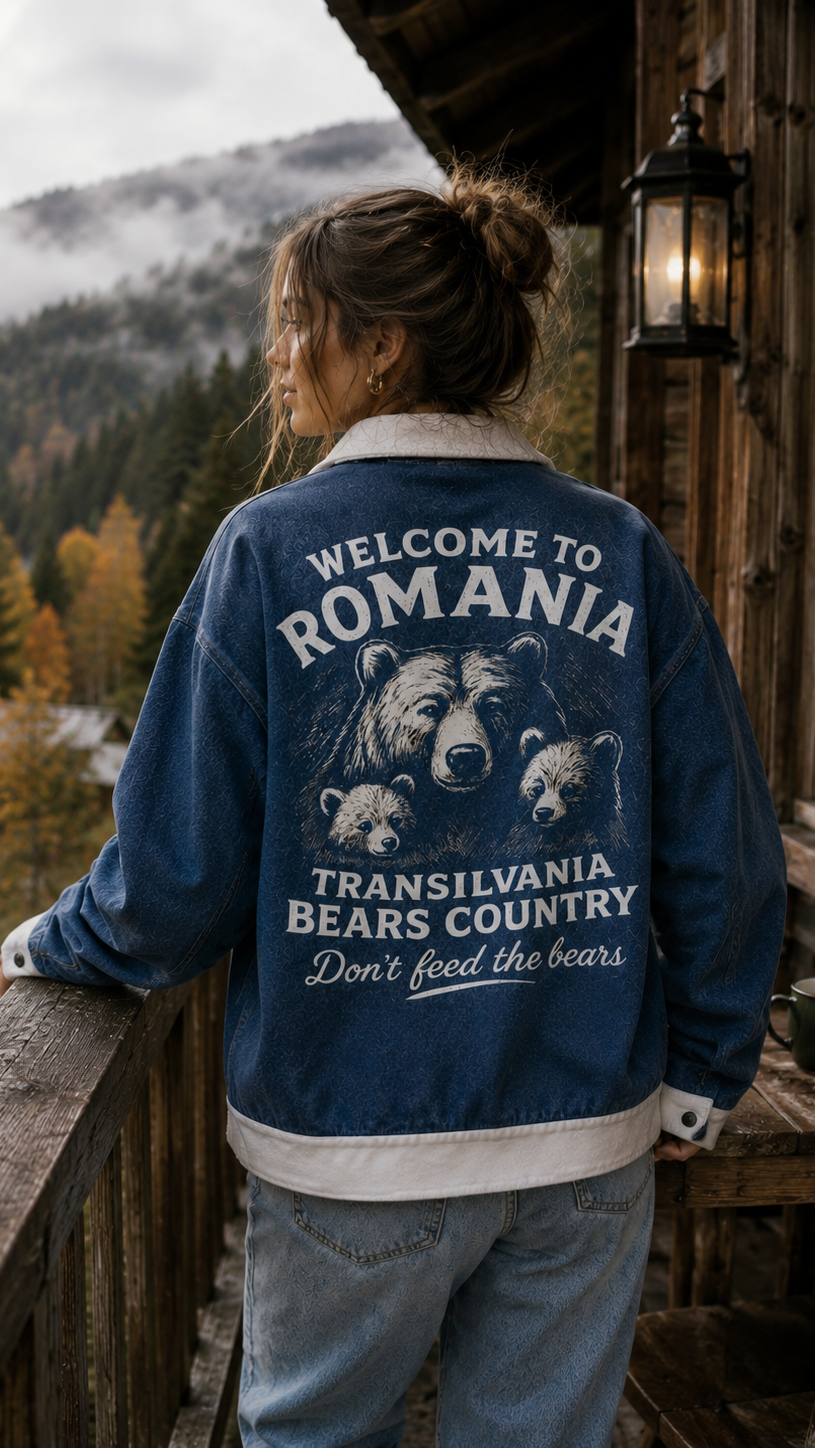 Person wearing a blue jacket with a bear graphic and text on a wooden balcony with a scenic view.