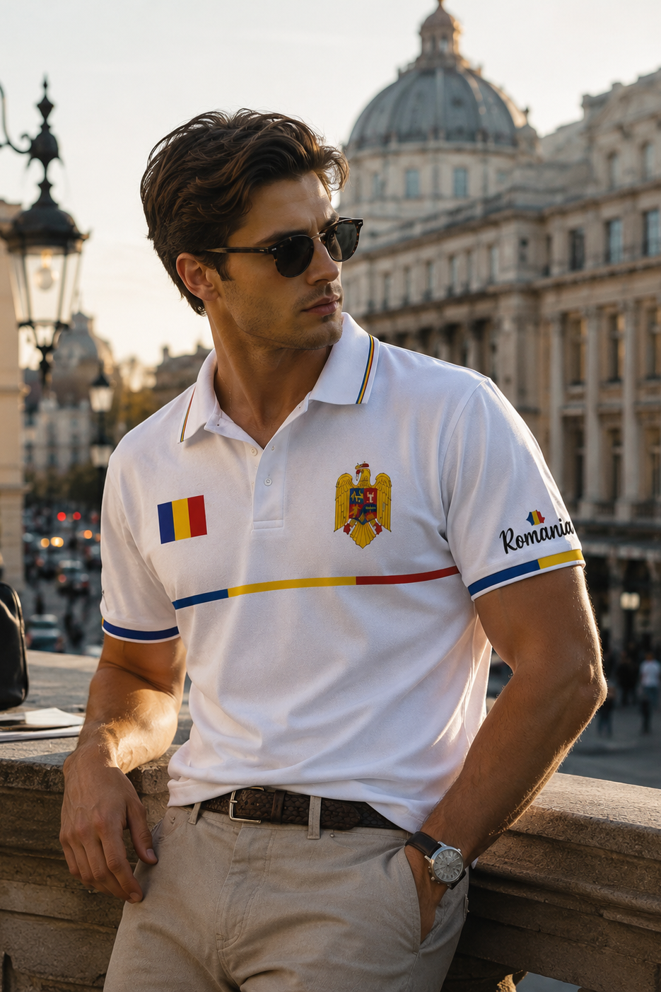 Man wearing a white polo shirt with flags in an urban setting