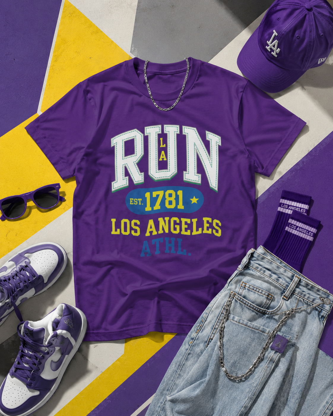 Purple t-shirt with 'RUN L.A. 1781 Los Angeles Athletic' text, sunglasses, cap, and jeans on a colorful geometric background.