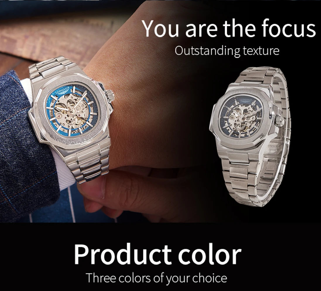 Black LONGLUX Men automatic mechanical watch luxury watches waterproof skeleton business cheap wholesale stainless steel gift watch