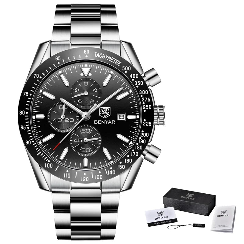 White Smoke Men Watch BENYAR Top Brand Luxury Full Steel Business Quartz Watch Men Casual Waterproof Sports Watches Clock Relogio Masculino