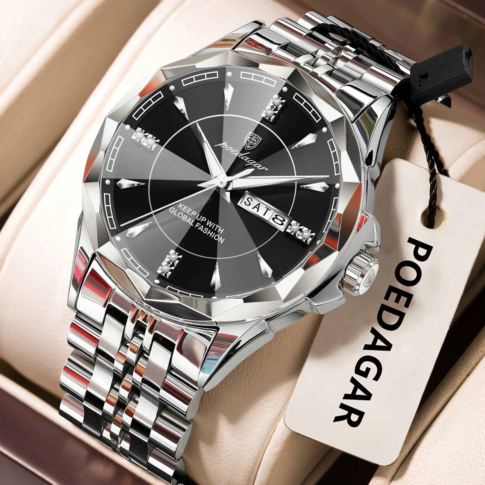 Antique White POEDAGAR Luxury Fashion Man Clock Top Business Waterproof Luminous Date Week Men's Watches Quartz Stainless Steel Men Wristwatch
