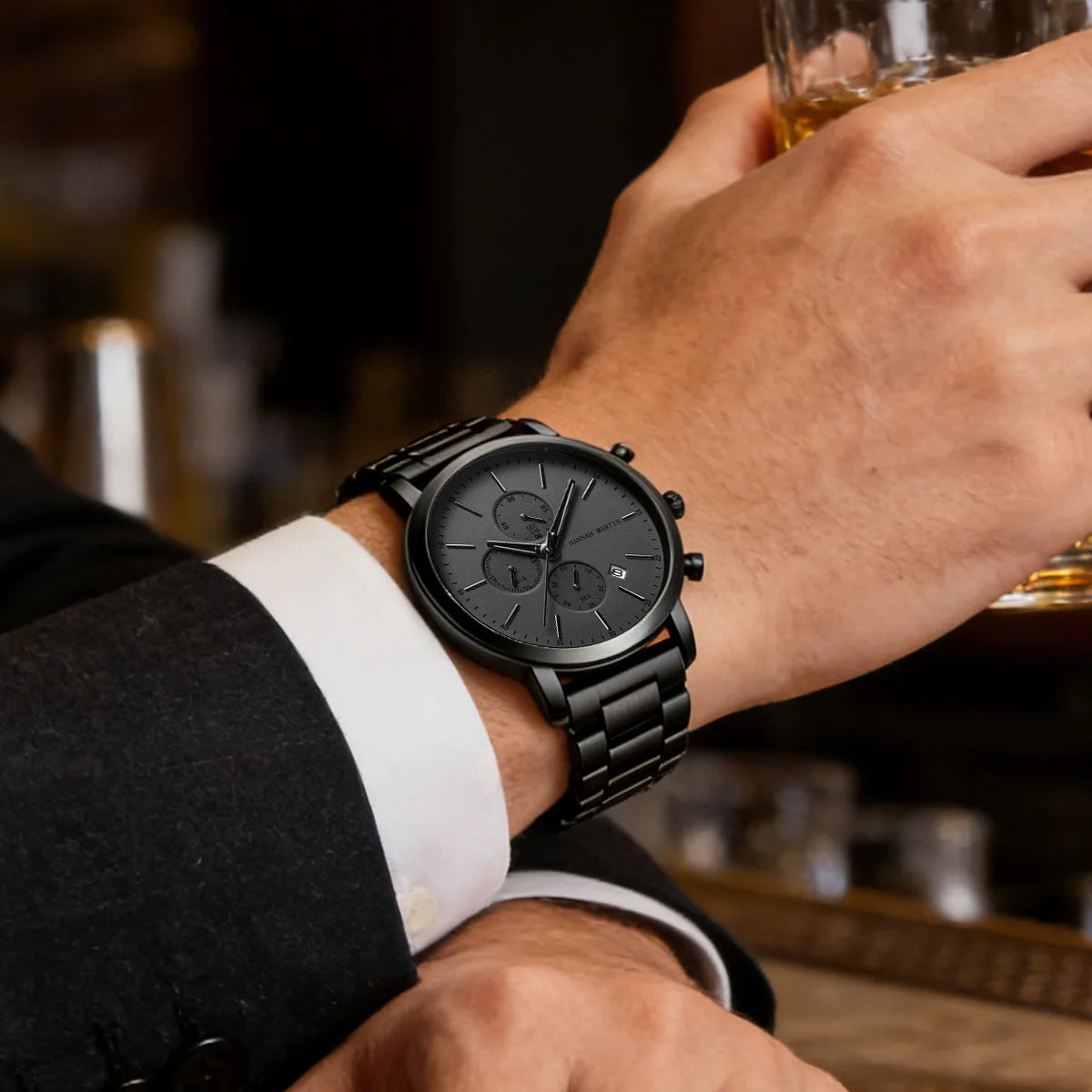 Black HANNAH MARTIN Brand Top Men Watch Black Stainless Steel Fashion Waterproof Sports Multifunctional Quartz Watch Relogio Masculino