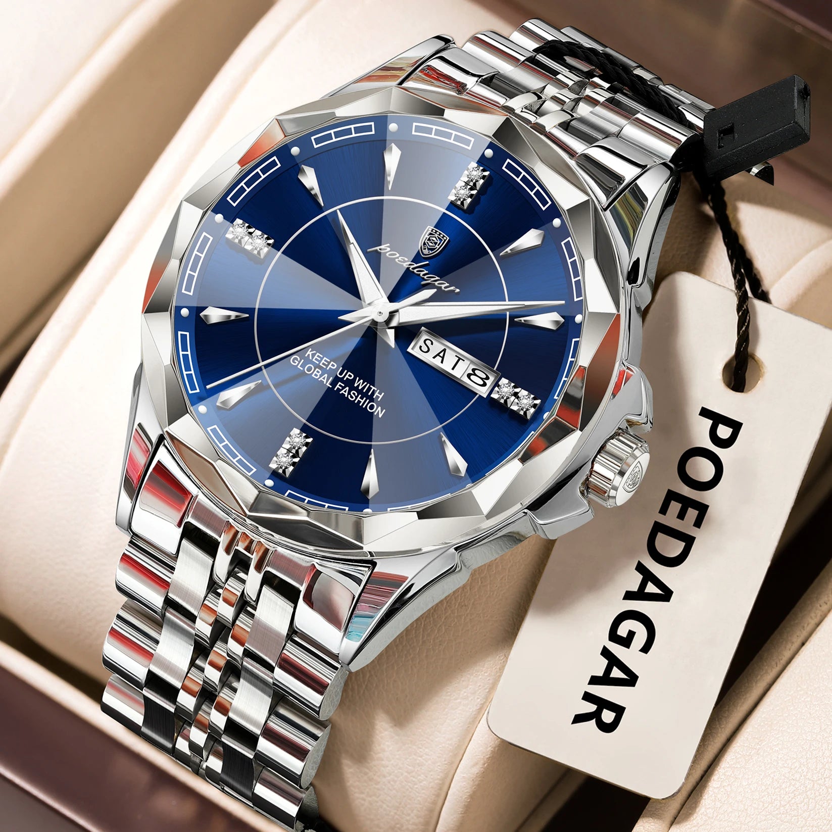 Misty Rose POEDAGAR Luxury Fashion Man Clock Top Business Waterproof Luminous Date Week Men's Watches Quartz Stainless Steel Men Wristwatch