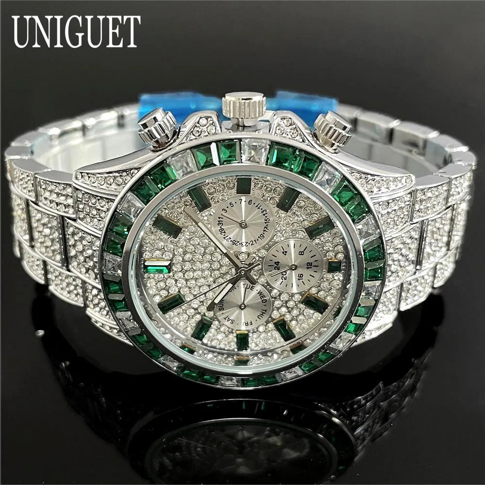 Black Hot Fashion Green Watches Men Brand UNIGUET Luxury Stainless Steel Hip Hop Rainbow Diamond Quartz Wristwatch Male Dropshipping
