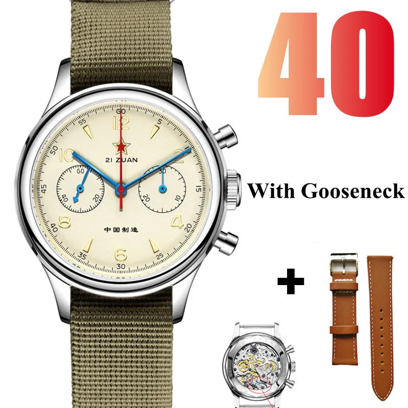 White Smoke RED STAR 38mm Men's 1963 Chronograph Mechanical Watch Pilot with Seagull Movement ST1901 Air Force Aviation Sapphire Goose 40mm