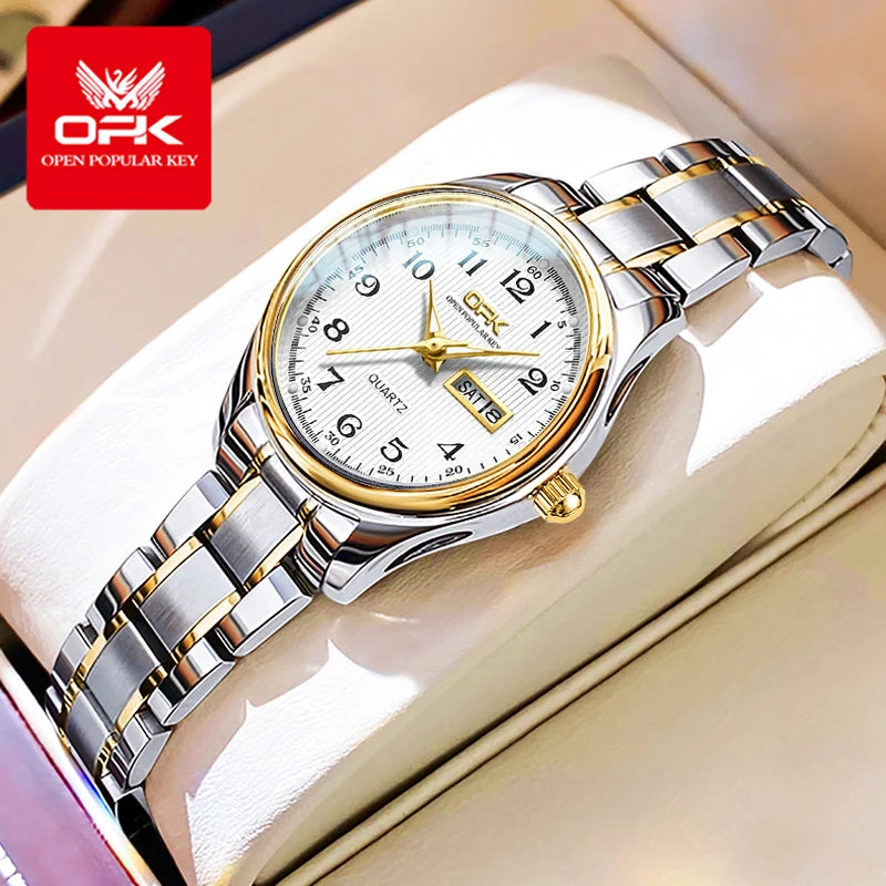 White Smoke OPK 8110 Ladies Watch Classic Simple Brand Quartz Watch Stainless Steel Strap Watch For Women Waterproof Luminous Day-Date Watch