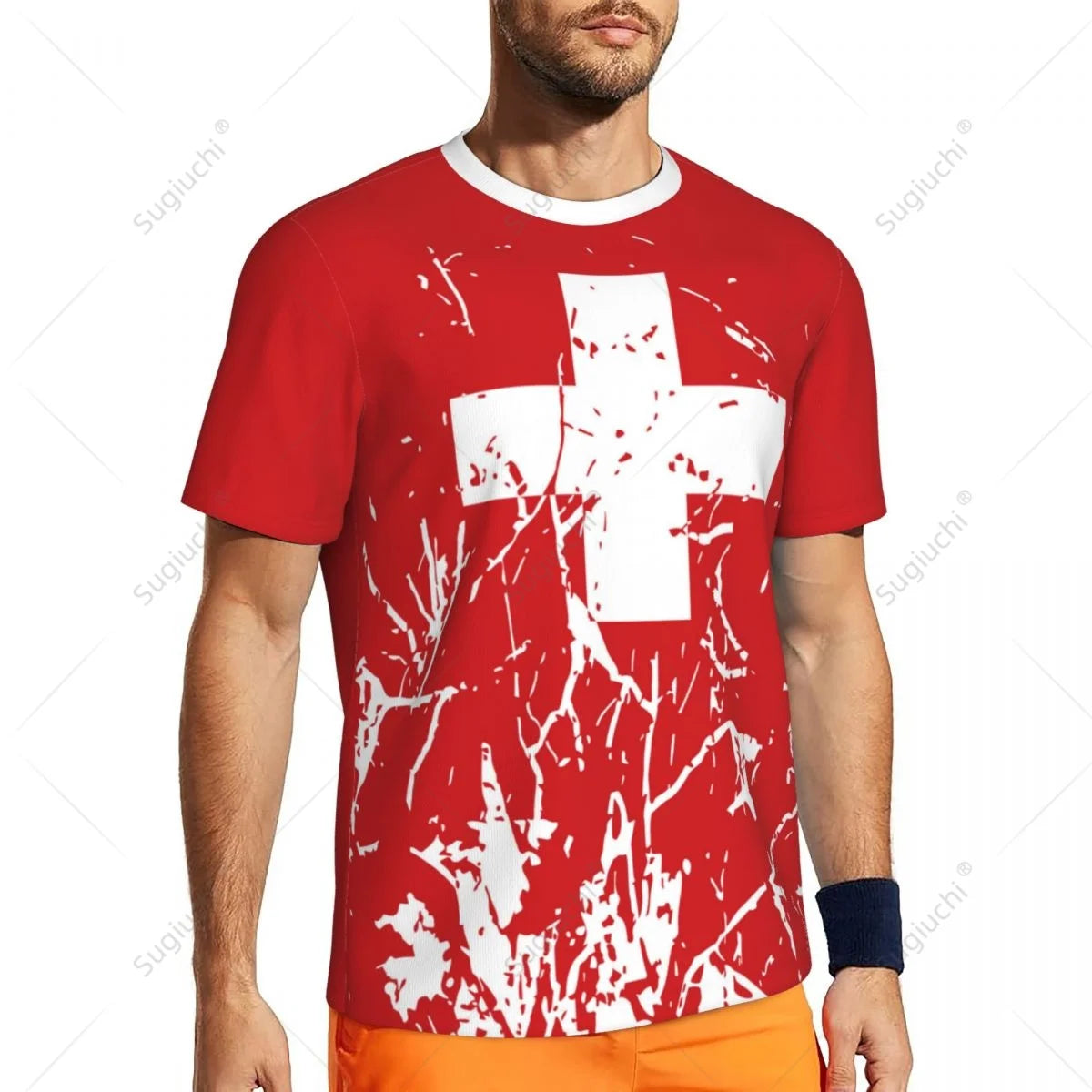 Exclusive design Switzerland Flag Grain 3D Printed Men For Running Bike Soccer Tennis Fitness Sports tshirt Mesh Short T-shirt