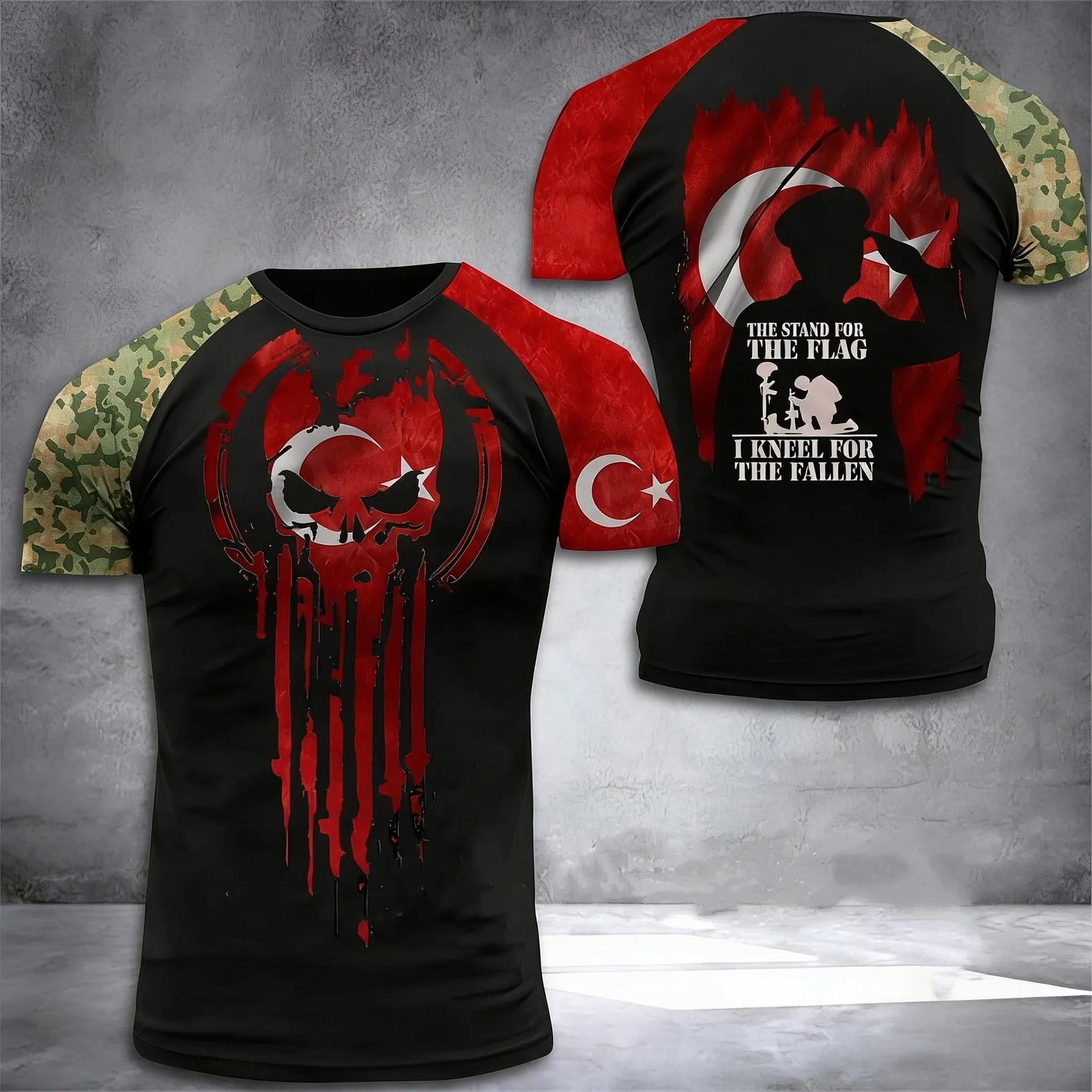 Men's T-shirts with Turkish flag camouflage print, Summer clothing with a crew neck, Fashionable plus-size short-sleeve tops
