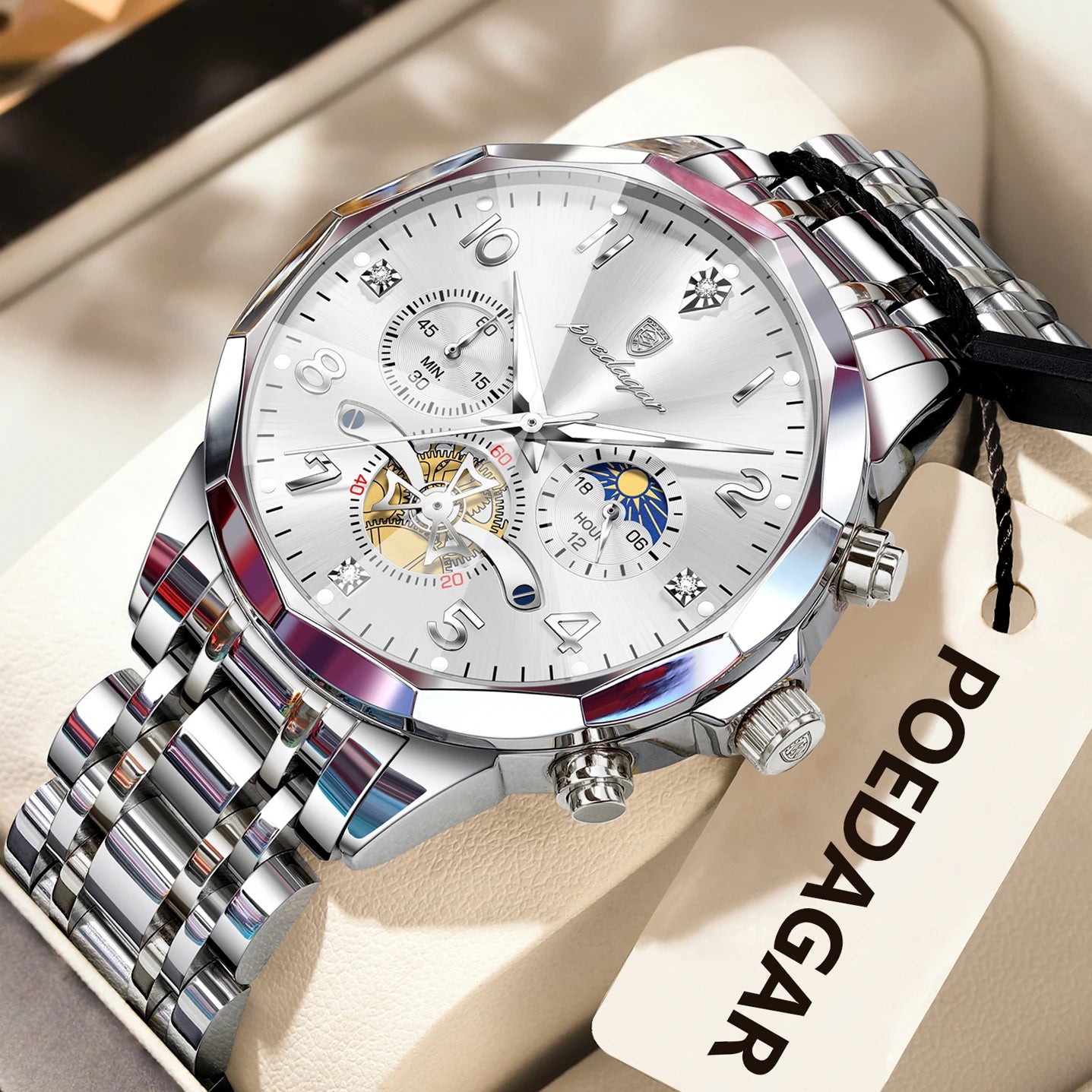 Seashell POEDAGAR Luxury High Quality Man Wristwatch Chronograph Stainless Steel Quartz Men's Watches Waterproof Luminous Men Clock Reloj