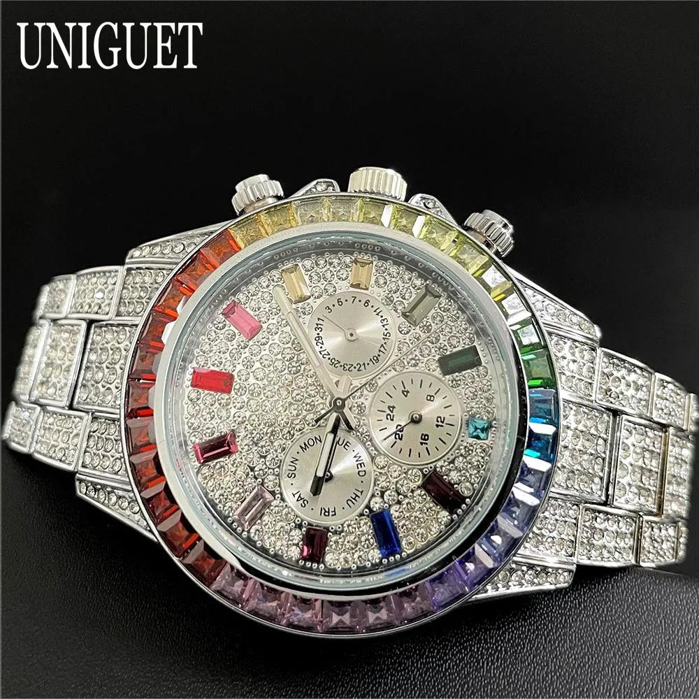 Black Hot Fashion Green Watches Men Brand UNIGUET Luxury Stainless Steel Hip Hop Rainbow Diamond Quartz Wristwatch Male Dropshipping