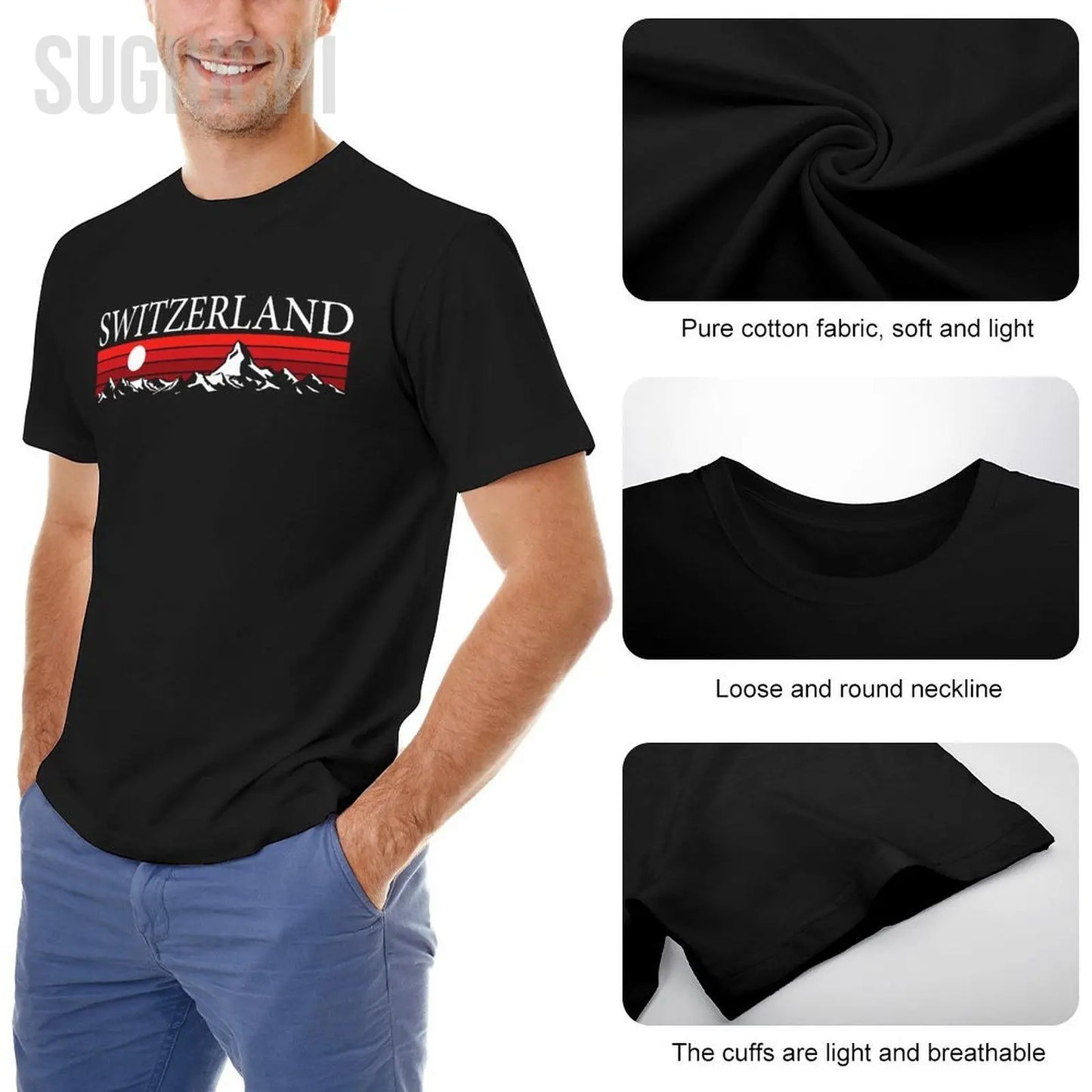 Unisex Men Swiss Alps And Red Sunset Switzerland Mountains Tshirt Tees O-neck T Shirts Women Boys 100% Cotton T-Shirt