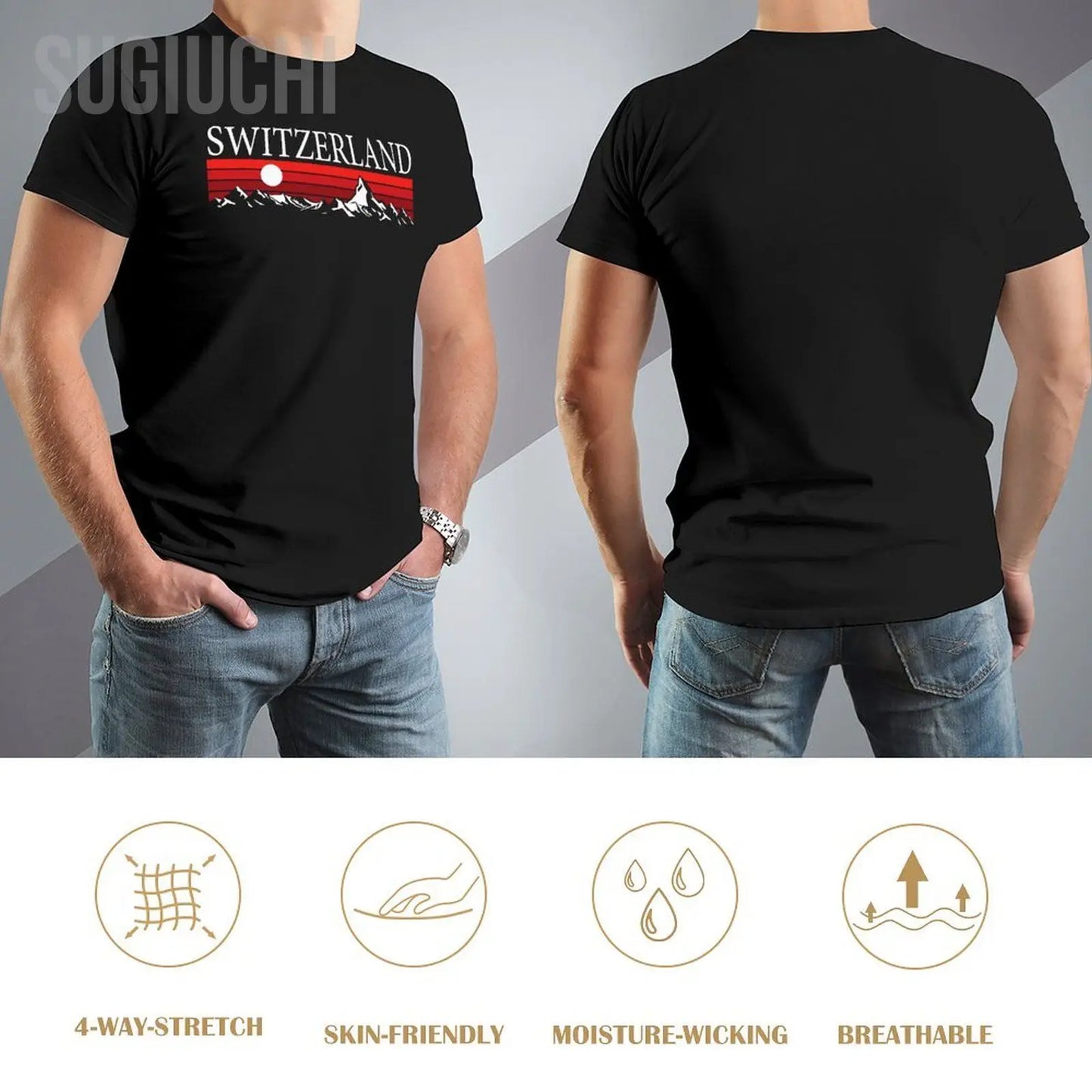 Unisex Men Swiss Alps And Red Sunset Switzerland Mountains Tshirt Tees O-neck T Shirts Women Boys 100% Cotton T-Shirt