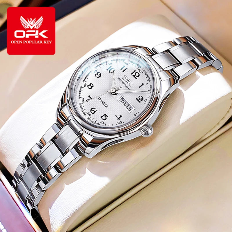 White Smoke OPK 8110 Ladies Watch Classic Simple Brand Quartz Watch Stainless Steel Strap Watch For Women Waterproof Luminous Day-Date Watch