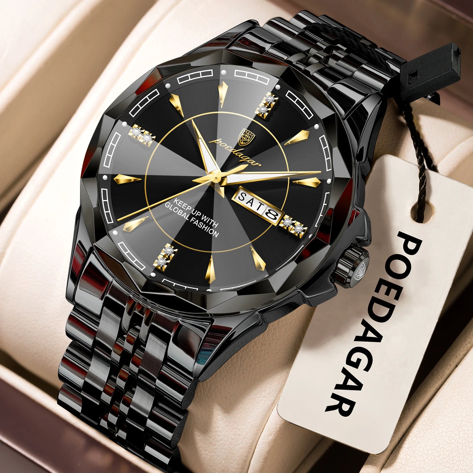 Black POEDAGAR Luxury Fashion Man Clock Top Business Waterproof Luminous Date Week Men's Watches Quartz Stainless Steel Men Wristwatch