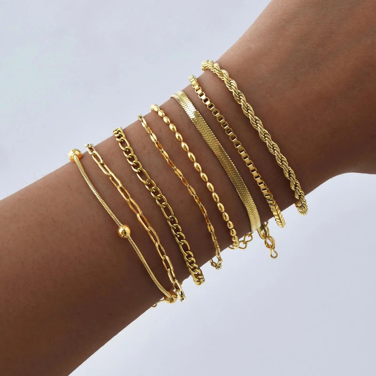 Light Gray Non Tarnish Stainless Steel Bracelet Gold Plated Stackable for Women, Thin Herringbone Chain Bracelet Waterproof Jewelry Gift