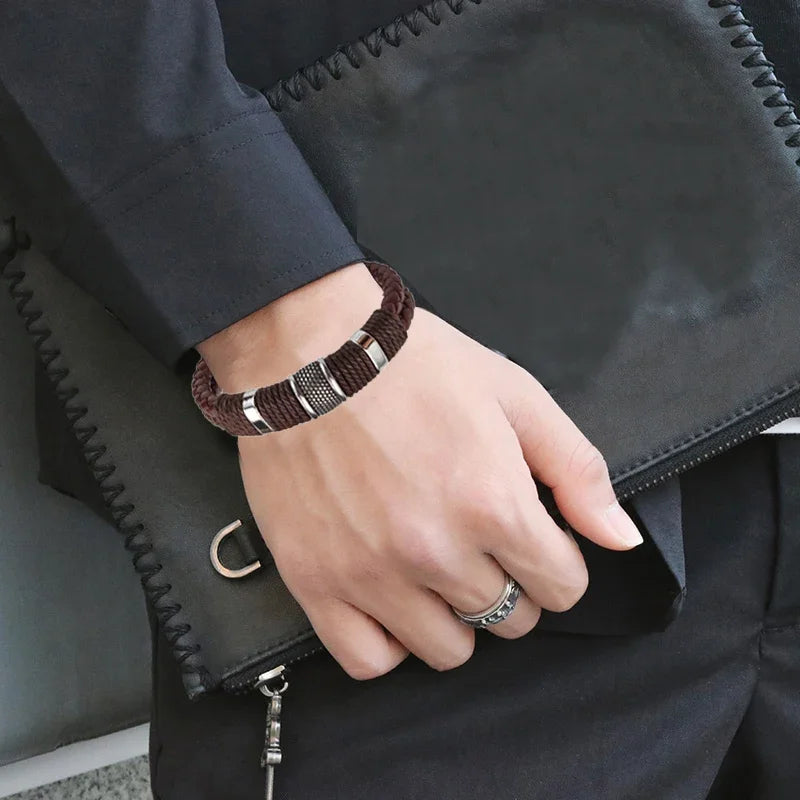 Dark Slate Gray Luxury Vintage Multilayer Brown Leather Stainless Steel  Men Bracelet Bead Bracelet Jewelry Male Wrist Bangle Christmas Gifts