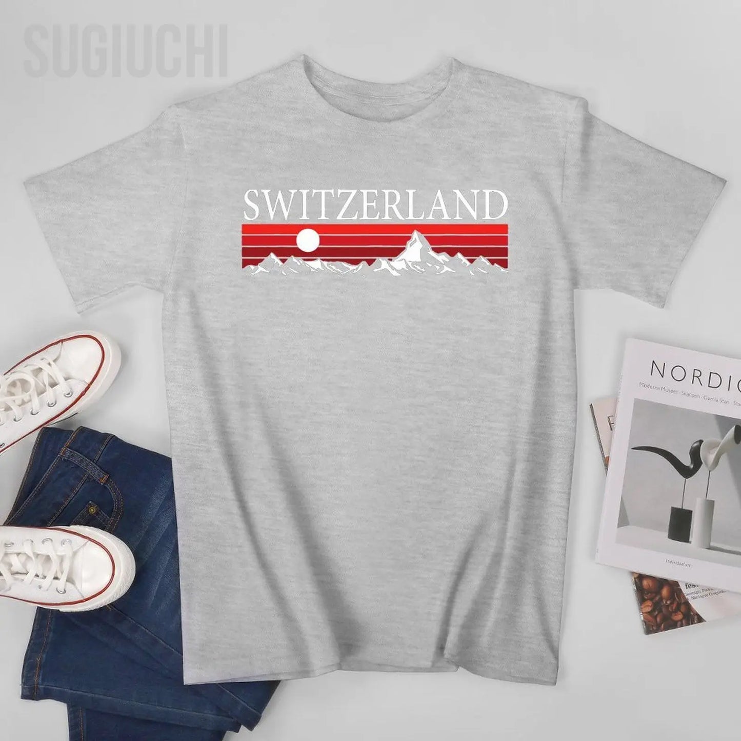 Unisex Men Swiss Alps And Red Sunset Switzerland Mountains Tshirt Tees O-neck T Shirts Women Boys 100% Cotton T-Shirt