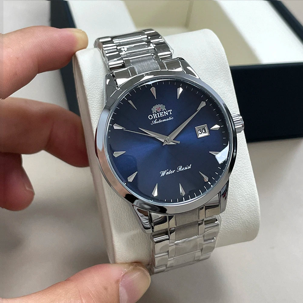Gray Orient Automatic Men's Watch, Black Dial Stainless Steel Band, Water Resistant Classic Business Wristwatch with Date Display