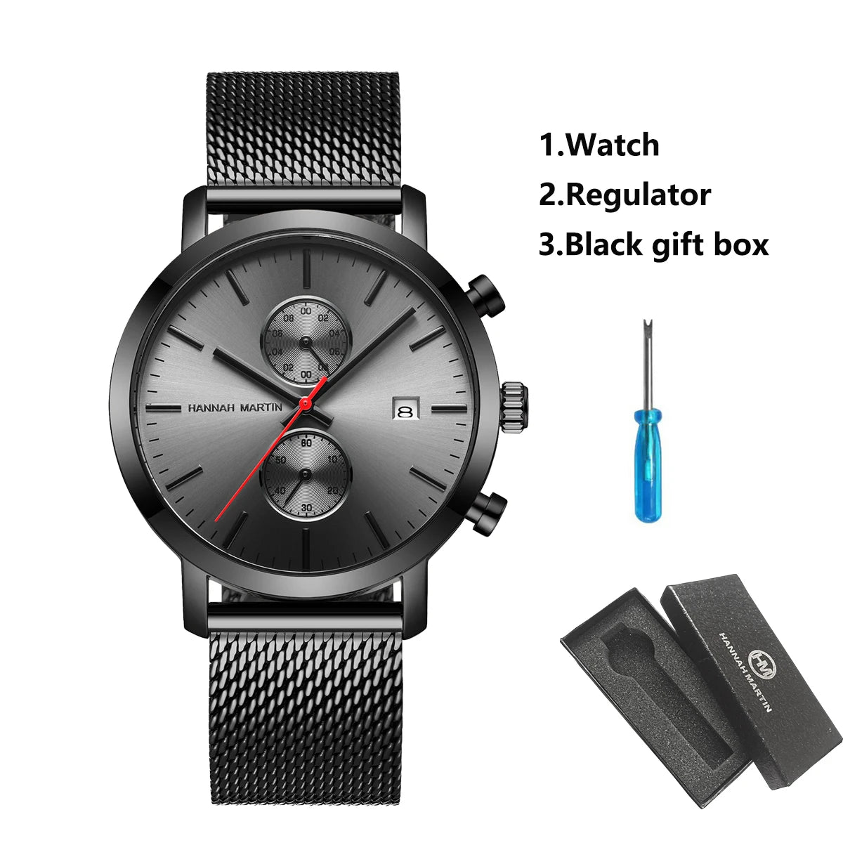 White Smoke HANNAH MARTIN Brand Top Men Watch Black Stainless Steel Fashion Waterproof Sports Multifunctional Quartz Watch Relogio Masculino