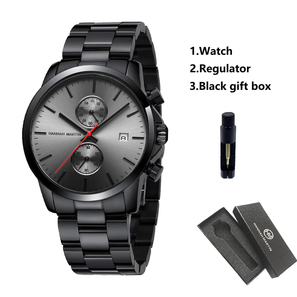 White Smoke HANNAH MARTIN Brand Top Men Watch Black Stainless Steel Fashion Waterproof Sports Multifunctional Quartz Watch Relogio Masculino