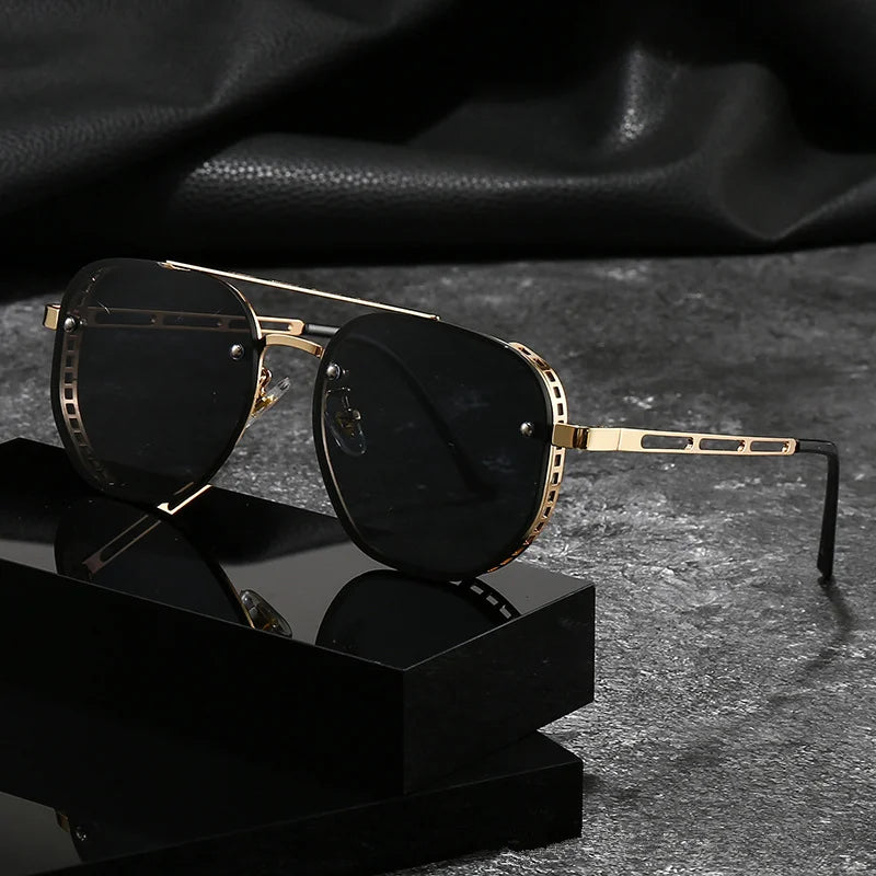Black Men New Driving Sunglasses Vintage Steampunk Square Sunglasses Metal Frame with Spring Hinges Women Eyepiece UV400 Glasses