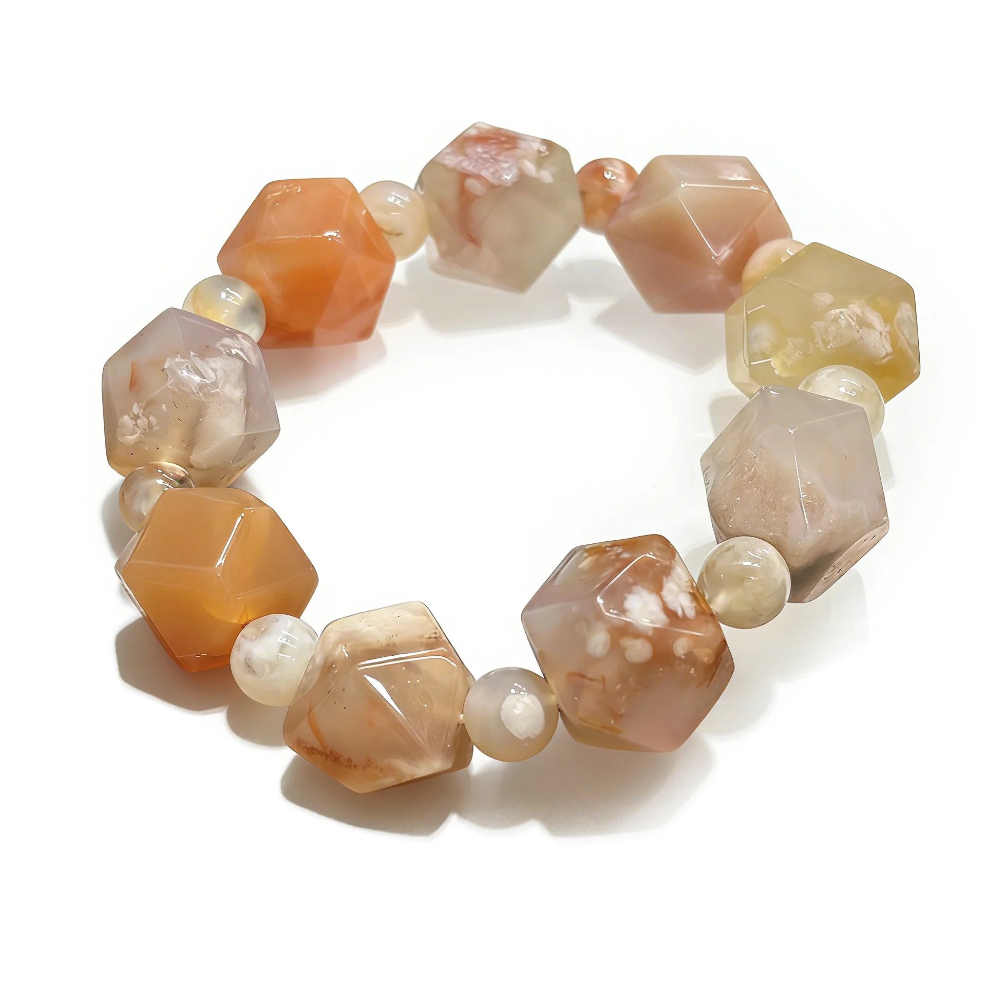 White Smoke Natural Original Color Cherry Blossom Agate Cherry Blossom Pattern Beaded Bracelet with Unique Texture, Elastic Style, Adjustable Length, Large Beads, Unique Design, Trendy, Original Design, Suitable for Daily Wear