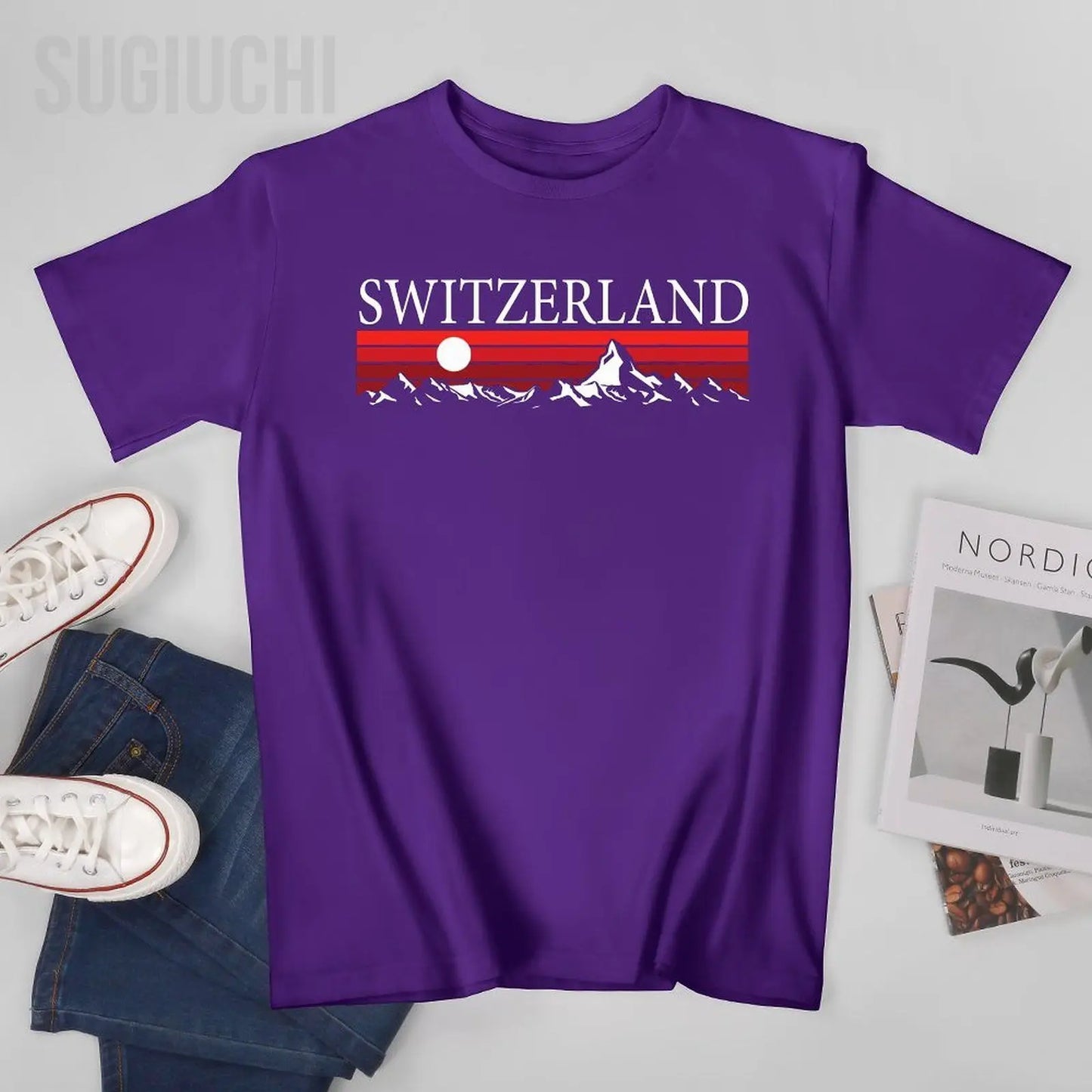 Unisex Men Swiss Alps And Red Sunset Switzerland Mountains Tshirt Tees O-neck T Shirts Women Boys 100% Cotton T-Shirt