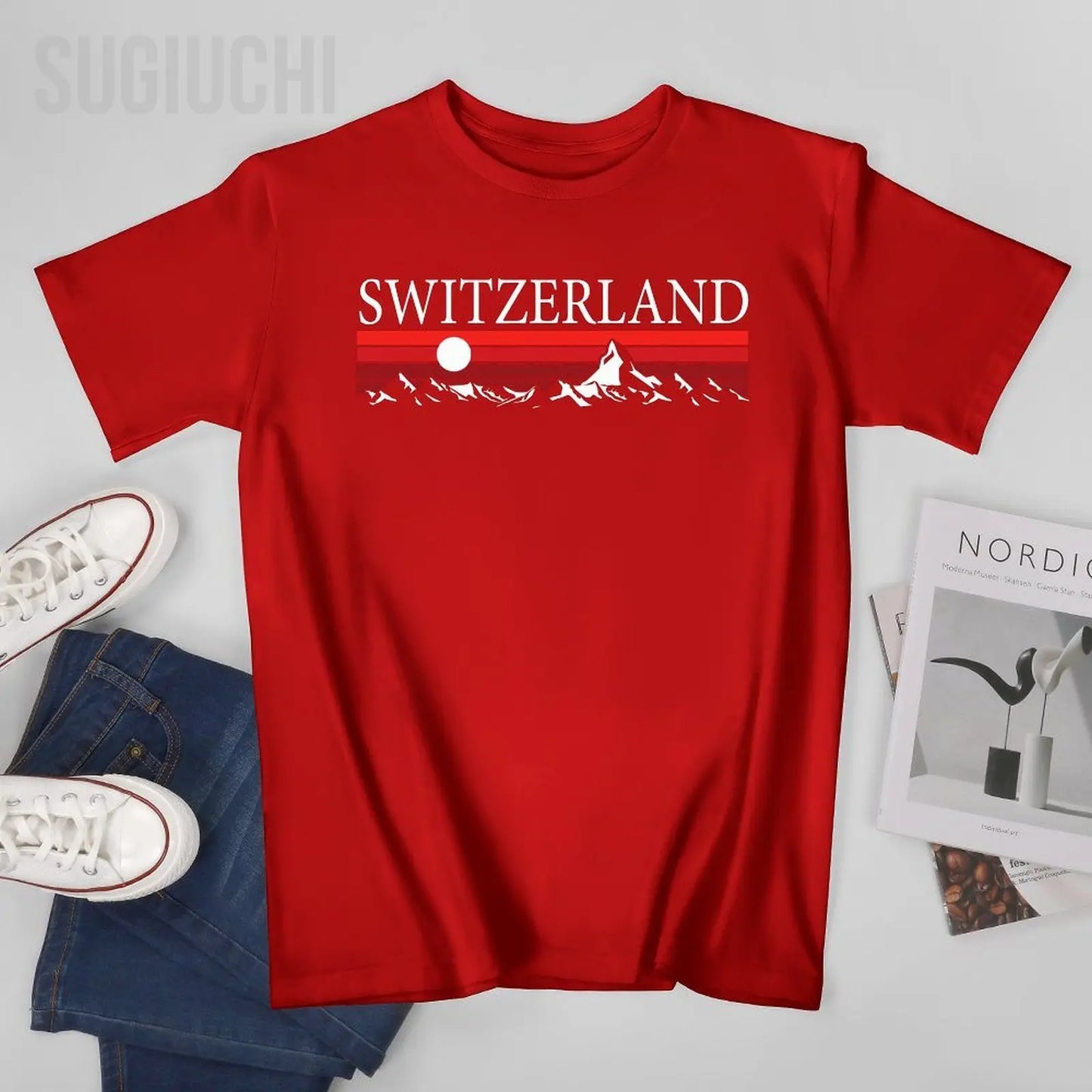 Unisex Men Swiss Alps And Red Sunset Switzerland Mountains Tshirt Tees O-neck T Shirts Women Boys 100% Cotton T-Shirt