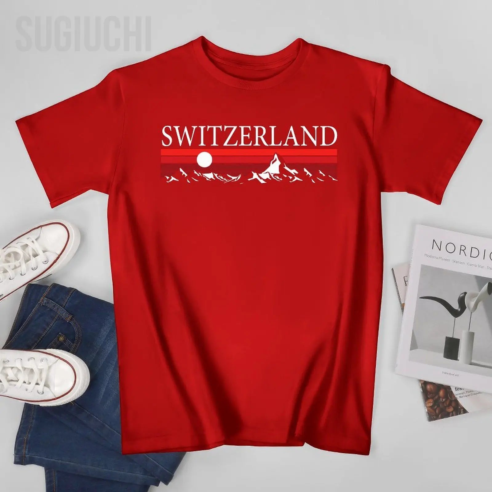Unisex Men Swiss Alps And Red Sunset Switzerland Mountains Tshirt Tees O-neck T Shirts Women Boys 100% Cotton T-Shirt streetwear fashion product image 18