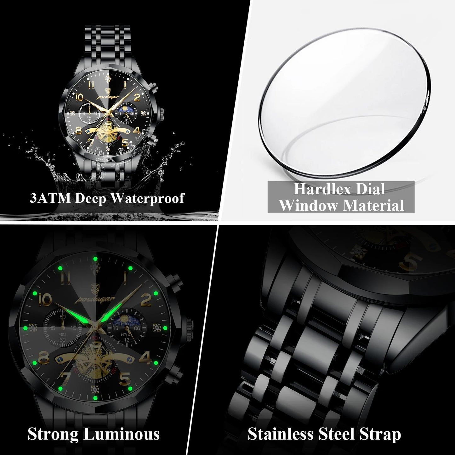 Black POEDAGAR Luxury High Quality Man Wristwatch Chronograph Stainless Steel Quartz Men's Watches Waterproof Luminous Men Clock Reloj