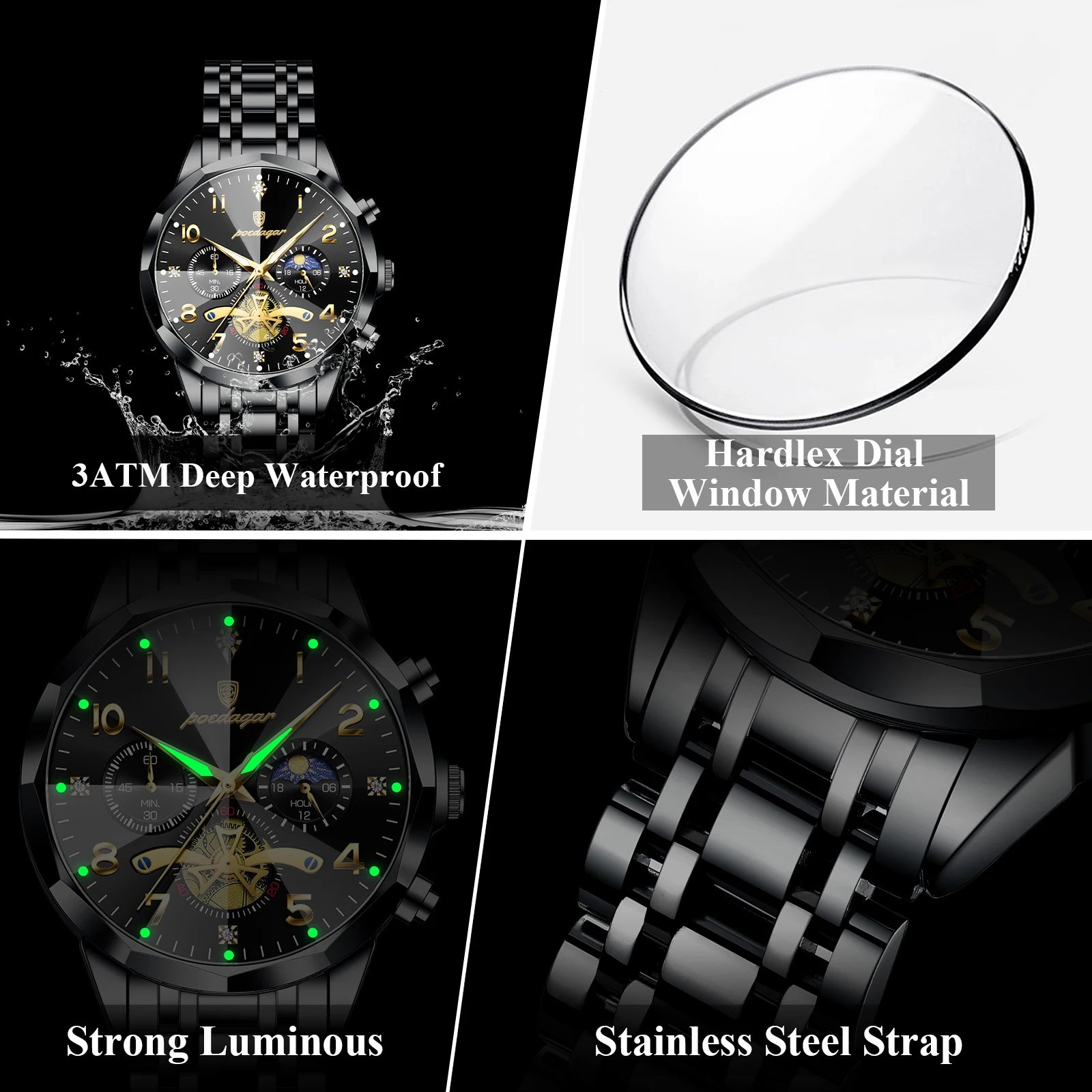 Black POEDAGAR Luxury High Quality Man Wristwatch Chronograph Stainless Steel Quartz Men's Watches Waterproof Luminous Men Clock Reloj