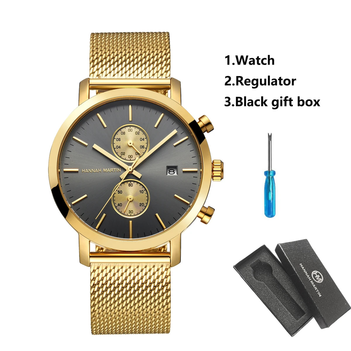 White Smoke HANNAH MARTIN Brand Top Men Watch Black Stainless Steel Fashion Waterproof Sports Multifunctional Quartz Watch Relogio Masculino