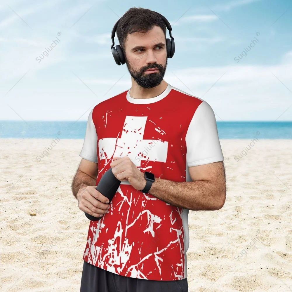 Exclusive design Switzerland Flag Grain 3D Printed Men For Running Bike Soccer Tennis Fitness Sports tshirt Mesh Short T-shirt