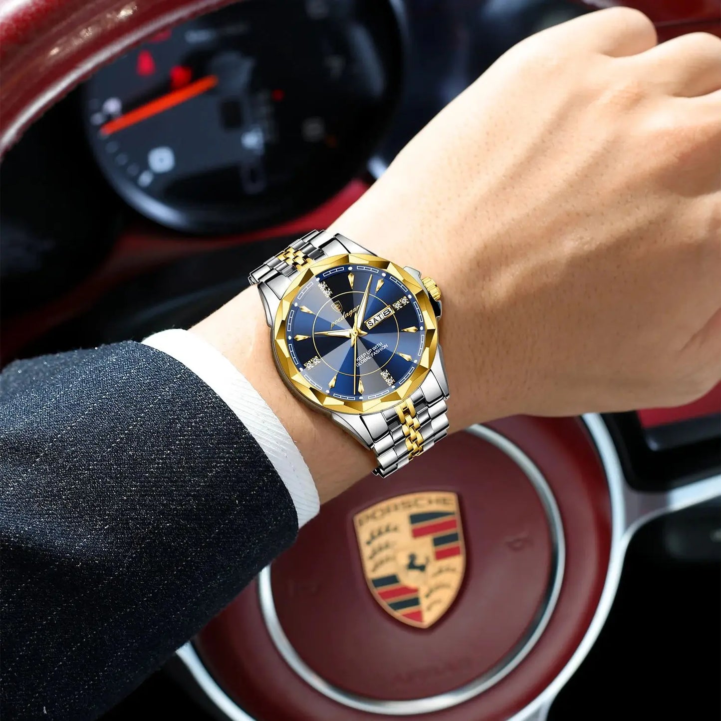 Black POEDAGAR Luxury Fashion Man Clock Top Business Waterproof Luminous Date Week Men's Watches Quartz Stainless Steel Men Wristwatch