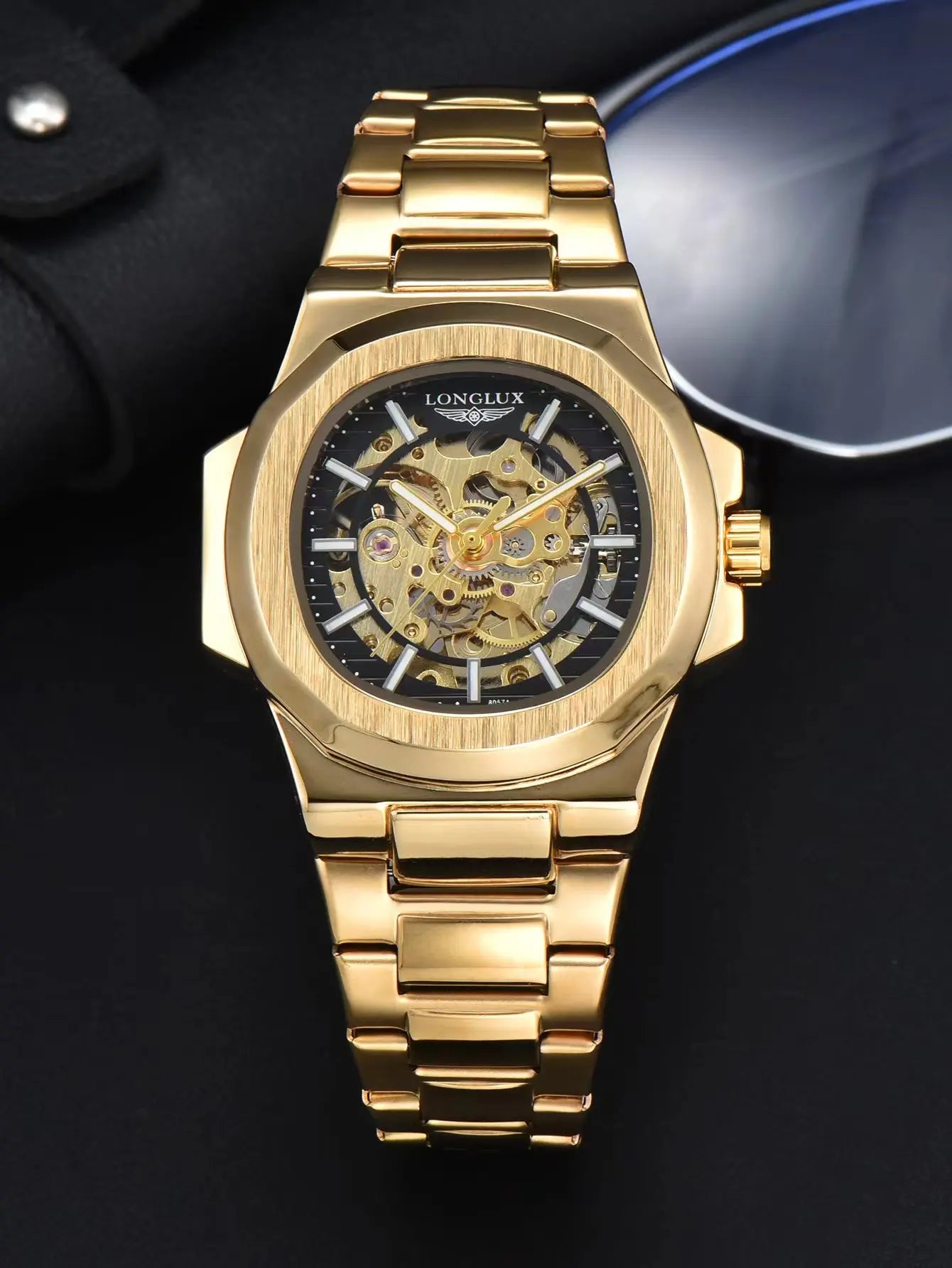Black LONGLUX Men automatic mechanical watch luxury watches waterproof skeleton business cheap wholesale stainless steel gift watch
