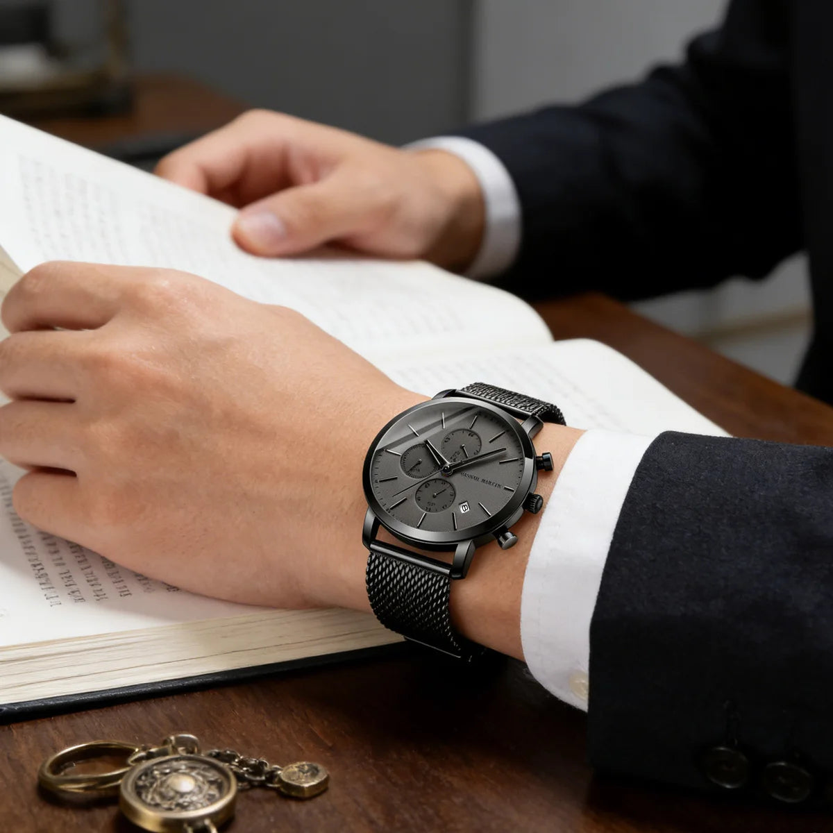 Black HANNAH MARTIN Brand Top Men Watch Black Stainless Steel Fashion Waterproof Sports Multifunctional Quartz Watch Relogio Masculino