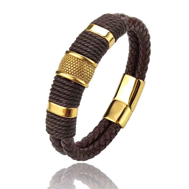 White Smoke Luxury Vintage Multilayer Brown Leather Stainless Steel  Men Bracelet Bead Bracelet Jewelry Male Wrist Bangle Christmas Gifts