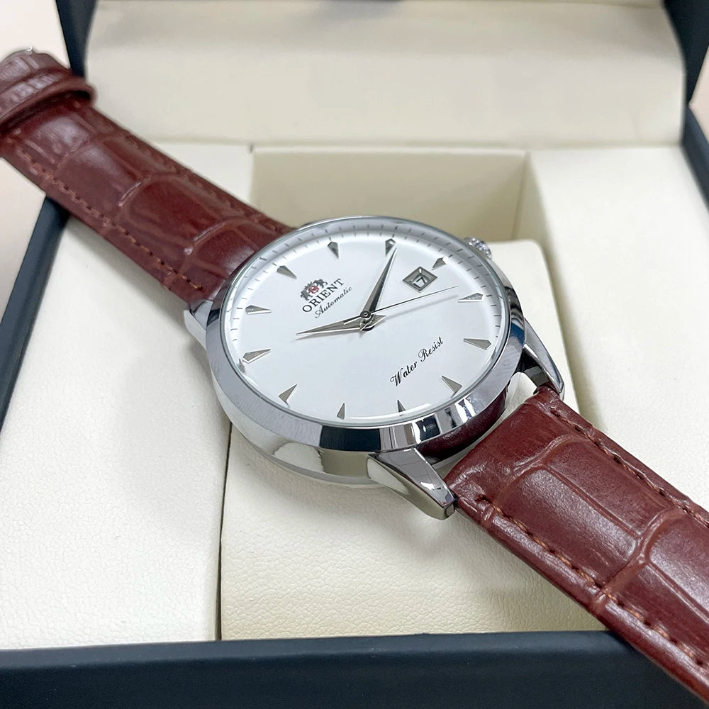 Light Gray Orient Automatic Men's Watch, Black Dial Stainless Steel Band, Water Resistant Classic Business Wristwatch with Date Display