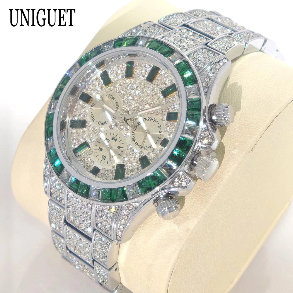 White Smoke Hot Fashion Green Watches Men Brand UNIGUET Luxury Stainless Steel Hip Hop Rainbow Diamond Quartz Wristwatch Male Dropshipping