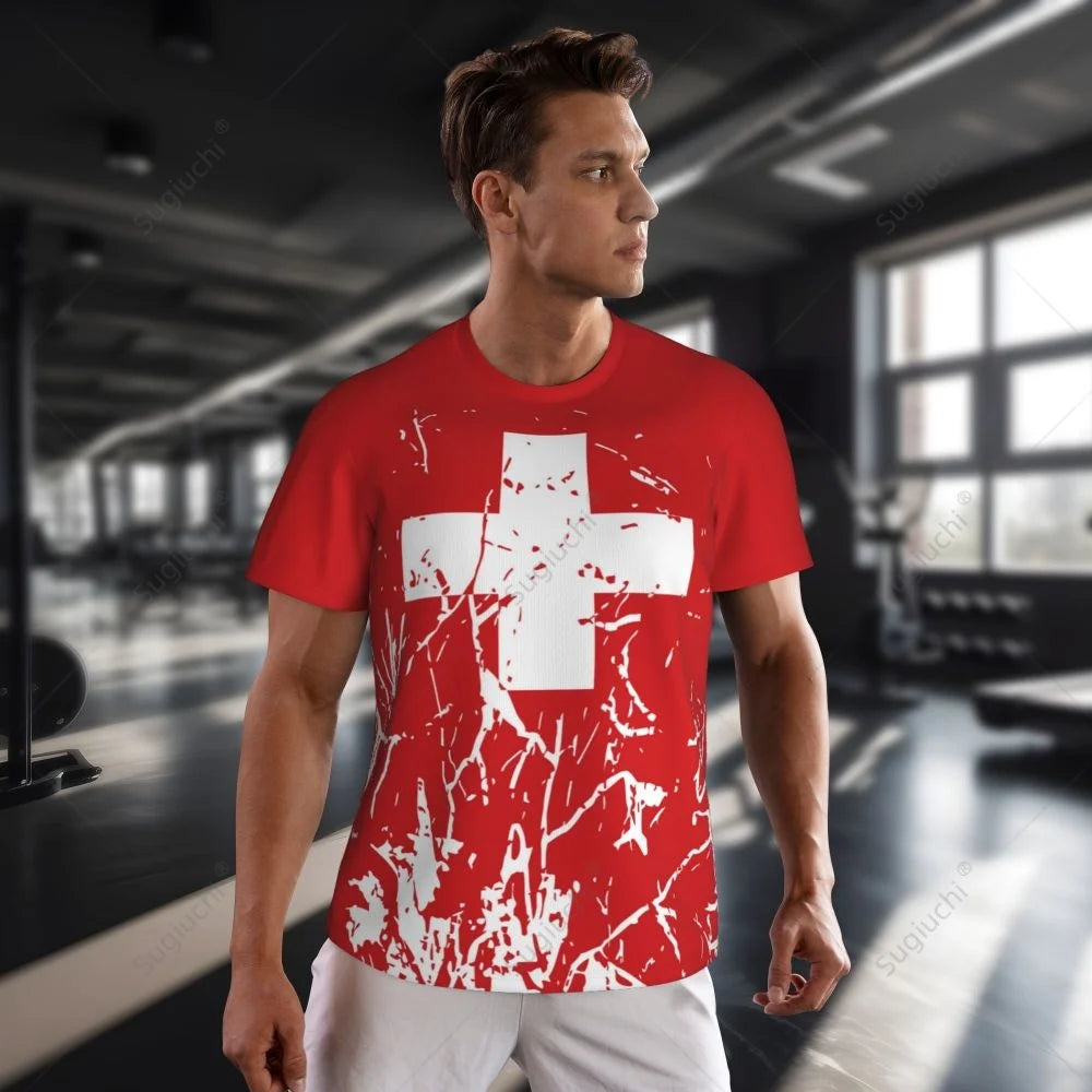 Exclusive design Switzerland Flag Grain 3D Printed Men For Running Bike Soccer Tennis Fitness Sports tshirt Mesh Short T-shirt